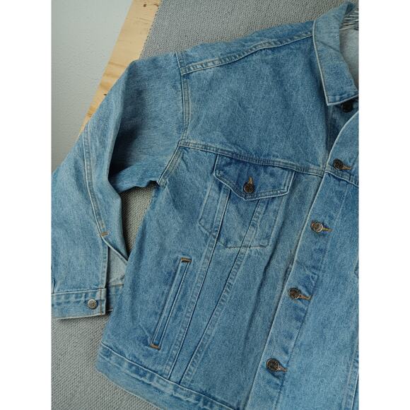 Vintage Tyca USA Denim Trucker Jacket Womens XXL Blue Fade Embossed Curves 80s - Picture 5 of 13